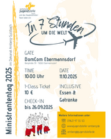 Das Bild zeigt den Ablauf des Ministrantentages mit einer Gruppe Ministranten und einem Flugzeug, welches um den Schriftzug "In 7 Stunden um die Welt" fliegt