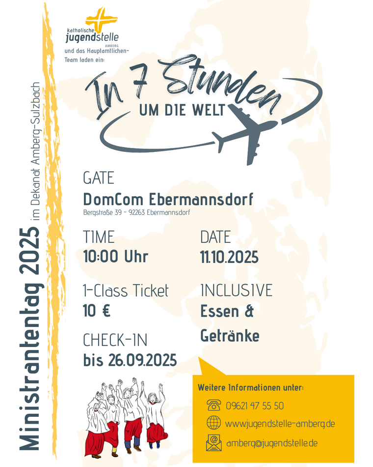 Das Bild zeigt den Ablauf des Ministrantentages mit einer Gruppe Ministranten und einem Flugzeug, welches um den Schriftzug "In 7 Stunden um die Welt" fliegt