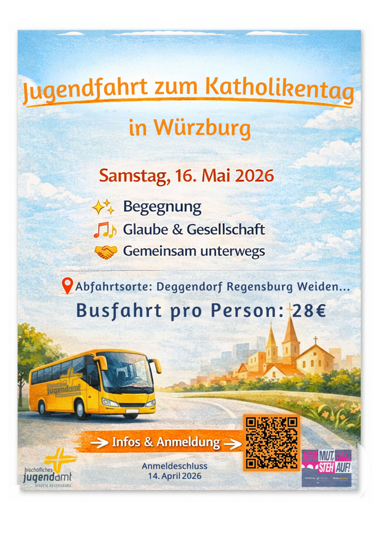 Auf dem Bild ist ein Bus auf einer Straße vor einer Stadt zu sehen. Darüber stehen alle Infos zur Busfahrt zum Katholikentag.