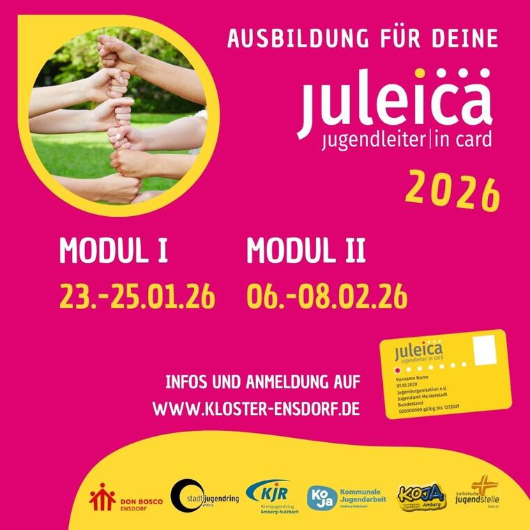 Der Hintergrund ist pink. Man sieht einen runden Bildausschnitt mit Händen, die zusammen einen Turm aus Händen bauen. Außerdem sieht man die Daten der nächsten Juleica-Schulung und die Logos der Veranstalter