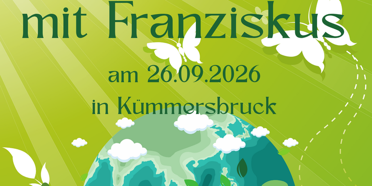 Auf dem Bild sieht man eine Weltkugel und Franziskus im Vordergrund, mit einem Vogel auf der Hand. Außerdem sind die Daten des Ministrantentages zu sehen, also wann und wo er stattfindet.