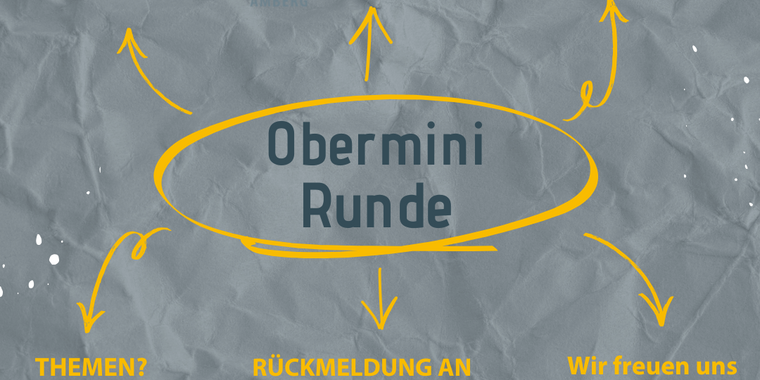 Man sieht einen grauen Hintergrund der an zerknittertes Papier erinnert. Auf diesem Hintergrund ist in der Mitte der Schriftzug Oberminirunde zu sehen. von diesem Schriftzug gehen Pfeile weg. Jeder Pfeil zeigt auf eine Information, z.B. das Datum, das Thema oder Kontaktpersonen.