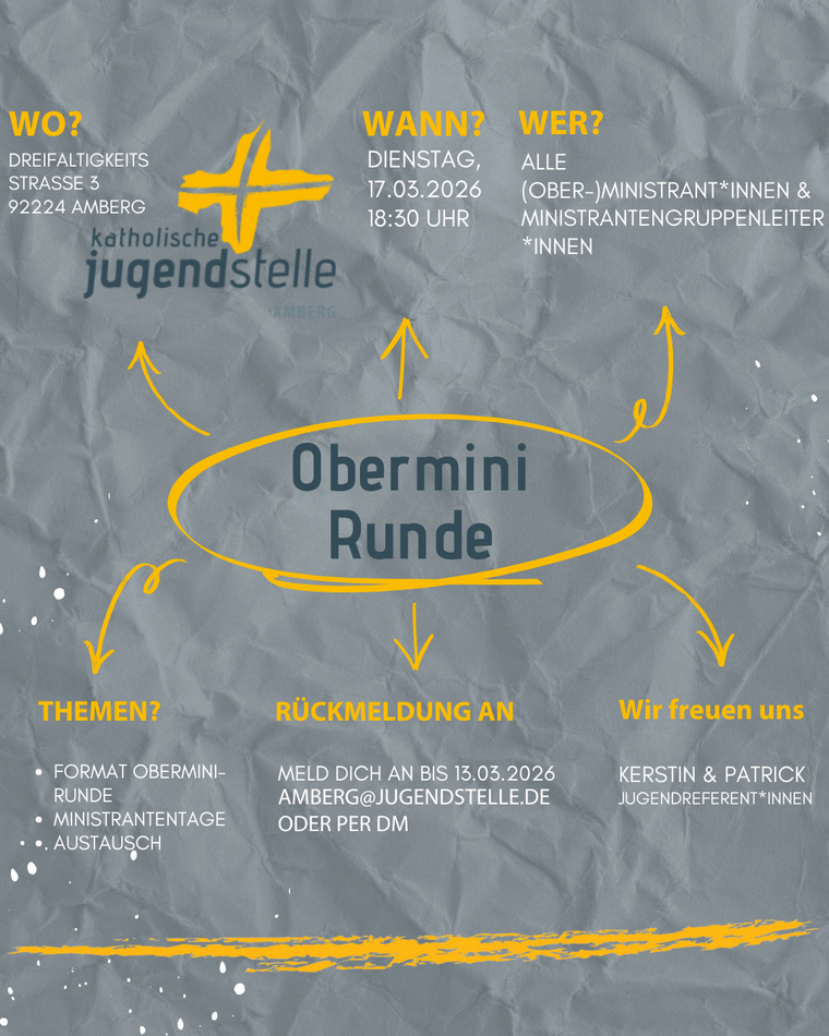 Man sieht einen grauen Hintergrund der an zerknittertes Papier erinnert. Auf diesem Hintergrund ist in der Mitte der Schriftzug Oberminirunde zu sehen. von diesem Schriftzug gehen Pfeile weg. Jeder Pfeil zeigt auf eine Information, z.B. das Datum, das Thema oder Kontaktpersonen.