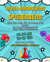 Man sieht blauen Hintergrund mit Würfeln und Spielfiguren im Vordergrund. Außerdem stehen die Daten für den Spieleabend auf dem Bild