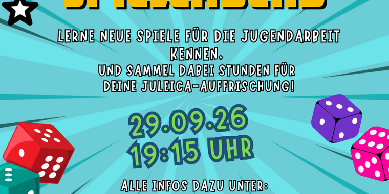 Man sieht blauen Hintergrund mit Würfeln und Spielfiguren im Vordergrund. Außerdem stehen die Daten für den Spieleabend auf dem Bild