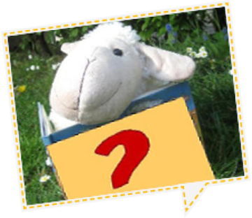 Plüsch-Schaf mit einem Buch mit Fragezeichen drauf